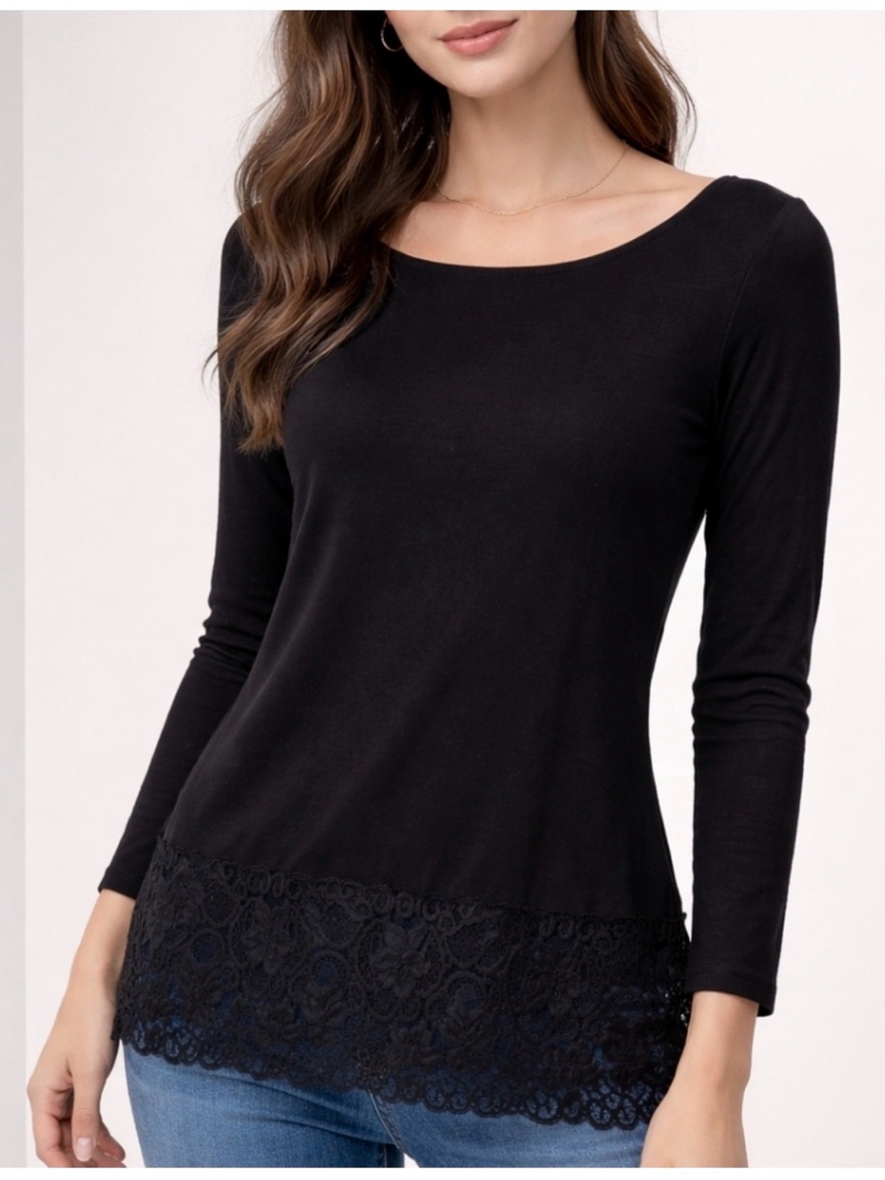 White House Black Market Black Long Sleeve Lace-Hem Top